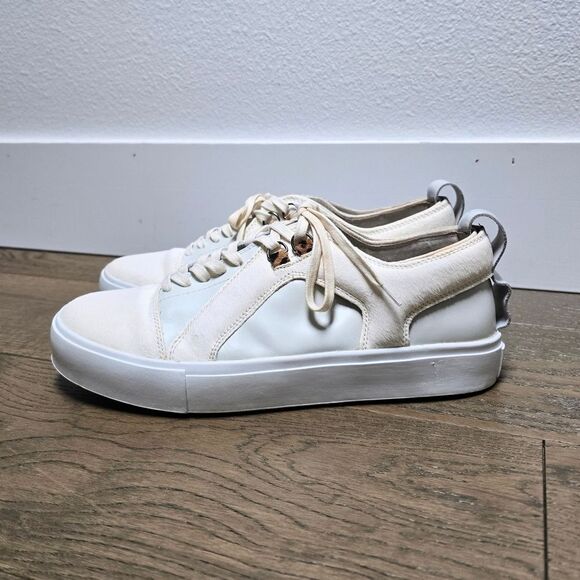 Article No. Leather & Calf Hair Luxury Low Top Skate Sneakers in White Ivory - Picture 1 of 12